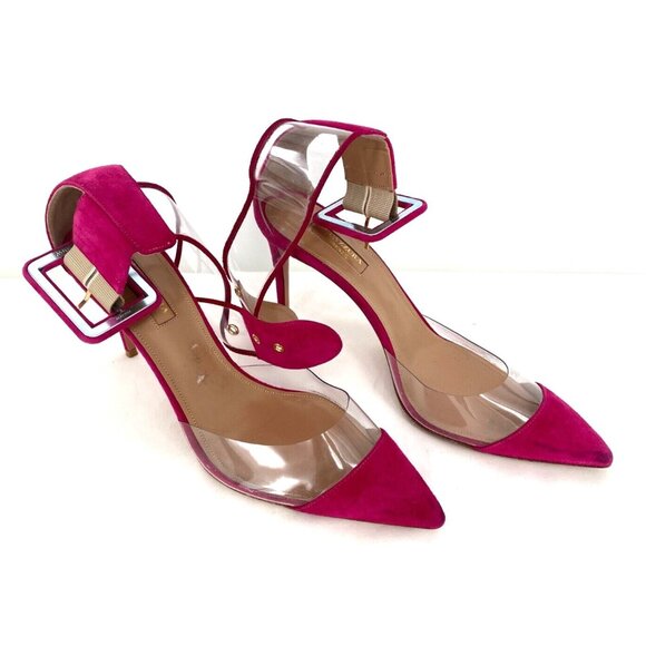 AQUAZZURA Pink Suede Nude Clear PVC Heels Ankle Wrap Shoes Pumps Heels Sz 38.5 - Picture 2 of 16
